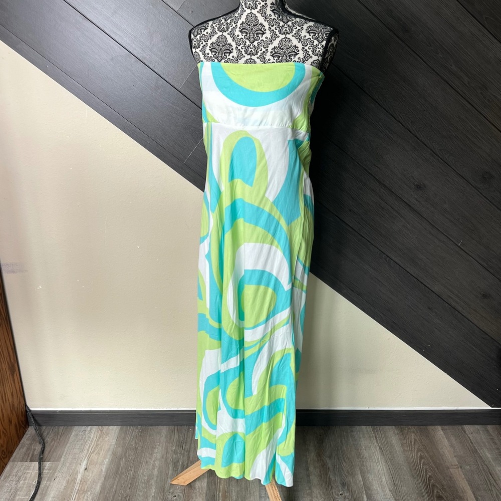 Escapada Strapless Maxi Dress Geometric Print Rayon L Blue Green Resort Tie Back